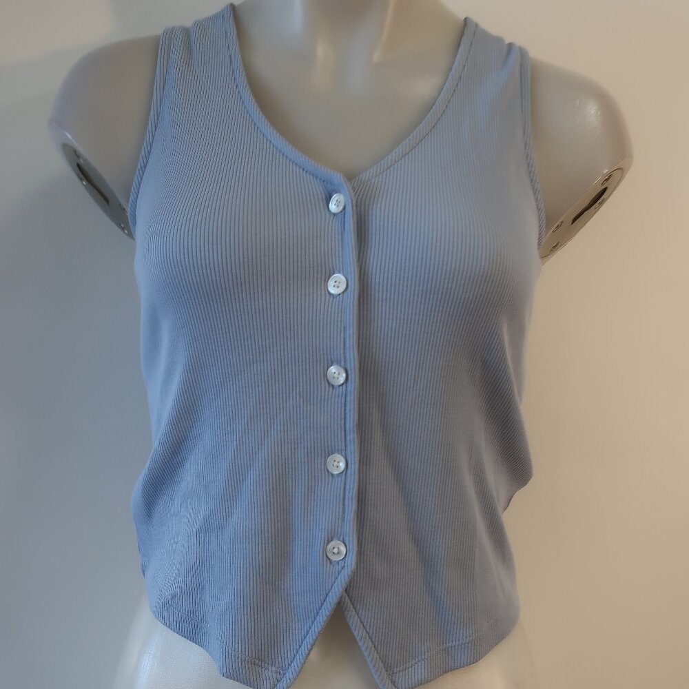 Veronica Beard Light Blue Ribbed Button Front Tank - Picture 3 of 12